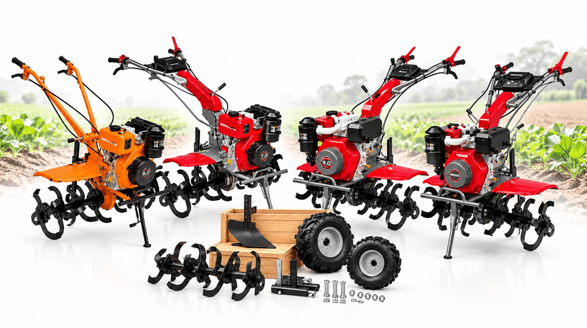 Land preparation and farming machinery with tillers, cultivation attachments, wheels, and spare parts